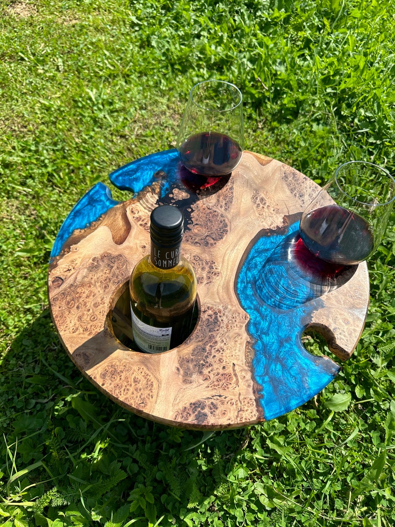 Outdoor Wine Table with Glass Holder Custom Epoxy Resin Coffee & Picnic Tables Handmade Wooden Wine Rack Mother Day Gift Aqua