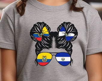 Tshirt Messy Buns pour jeune, Space Buns Equateur/El Salvador, T-shirt fille Messy Buns, 2 Messy Buns avec lunettes de soleil