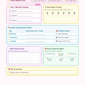 Pode incluir: Uma página de planejador diário colorida intitulada My Cutest Little Day com seções para níveis de bateria, tarefas, um rastreador de água boba, blocos de tempo, uma nuvem de ideias e um menu de dopamina.