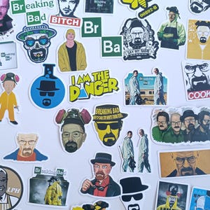 May include: A selection of colourful stickers featuring characters and imagery from the television series "Breaking Bad." The stickers showcase various portraits, quotes, and iconic symbols associated with the show.