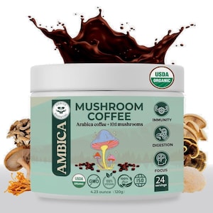 Ambica Organic Mushroom Coffee Blend, 10 Mushrooms Coffee with Arabica Coffee Beans, Instant Mushroom Coffee for Weight Loss, Brain Function