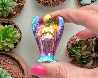 Bismuth Crystal Angel Figurine Carving, Beautiful Colourful Bismuth Rainbow Home Decor Gift