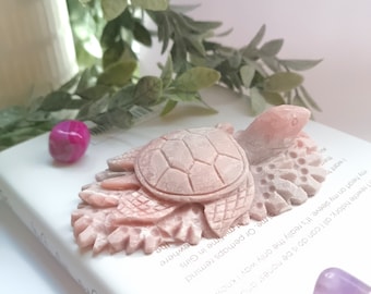 Pink Opal Sea Turtle Crystal Carving, Hand Carved Natural Large Animal Crystal Carving
