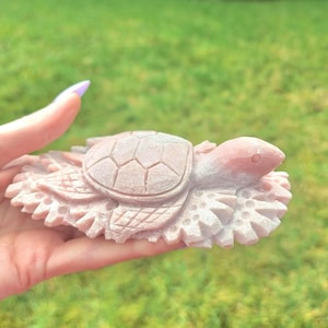 May include: A carved, light pink turtle figurine. The turtle has a detailed shell and head, and is resting on a carved base. The figurine is held in a hand against a blurred green background.