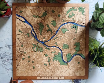 Pittsburgh Wood Map | 3D Wooden map of Pittsburgh, Pennsylvania | Handmade in US | 5th Anniversary Gift | Gift for Housewarming Wedding Bday