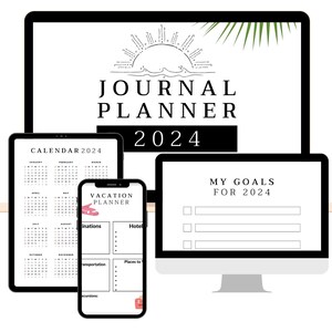 Puede incluir: Un planificador digital con un gráfico de amanecer y el texto "Journal Planner 2024". El planificador incluye un calendario, un planificador de vacaciones y una sección para objetivos.