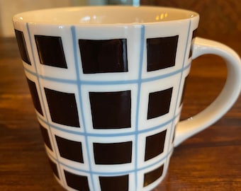 Taza de café Starbucks Rare 2004, color marrón, azul, cuadros geométricos, 473 ml (16 oz), cerámica.