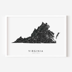May include: A framed wall art print featuring a black and white map of Virginia. The map displays intricate road networks in white against a black silhouette of the state. Below the map, the text reads VIRGINIA 38.003 N - 79.459 W.
