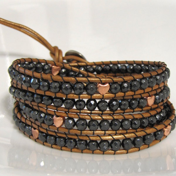 Hematite and Rose Gold Hearts and Leather 4 Wrap Bracelet