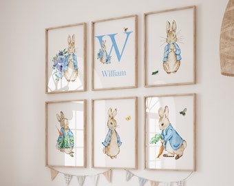 Peter Rabbit Nursery Print, Impresiones personalizadas de Beatrix Potter, Conjunto de 6 impresiones de guardería, Decoración de guardería, Arte de pared de dormitorio para niños, Decoración de dormitorio