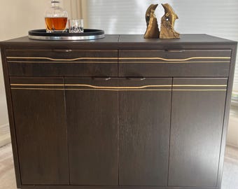 Vintage Drexel Bar Cabinet on Casters | Refinished Art Deco Server | Dark Espresso Oak Sideboard | Velvet Lined Drawers