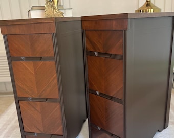 Art Deco Nightstands Pair, Vintage Walnut Bedside Tables, Refinished Nightstands, Geometric Veneer Furniture, Dark Chocolate Brown