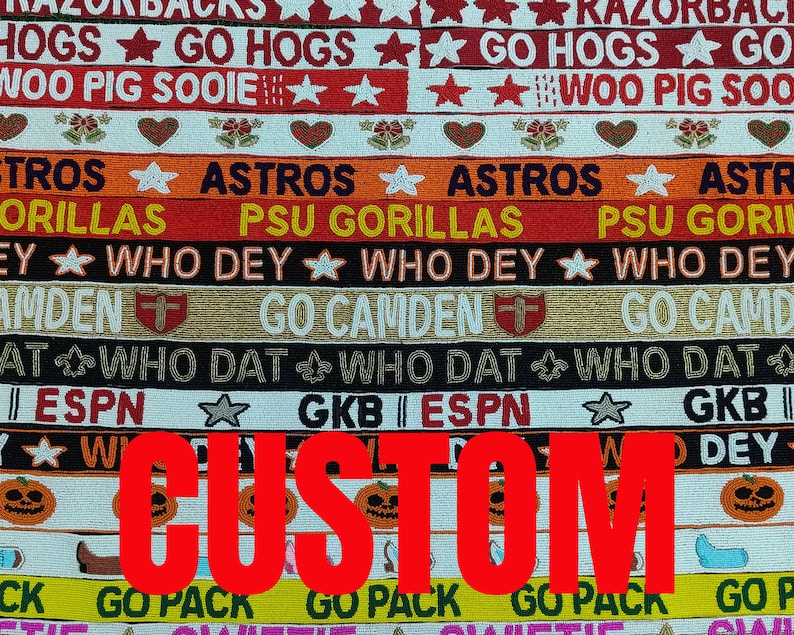 May include: A colorful, beaded fabric with various team names and phrases, including "Razorbacks," "Astros," and "Who Dey." The word "CUSTOM" is prominently displayed in red across the center of the fabric. The fabric features stars, hearts, and pumpkin designs.