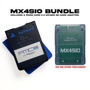 May include: MX4SIO bundle includes a FMCB card and a MX4SIO SD card adapter. The image shows a black PlayStation 2 8MB memory card with the text "FMCB" and a clear SD card adapter with the text "MX4SIO". The text "NO SD CARD INCLUDED!" is also visible.