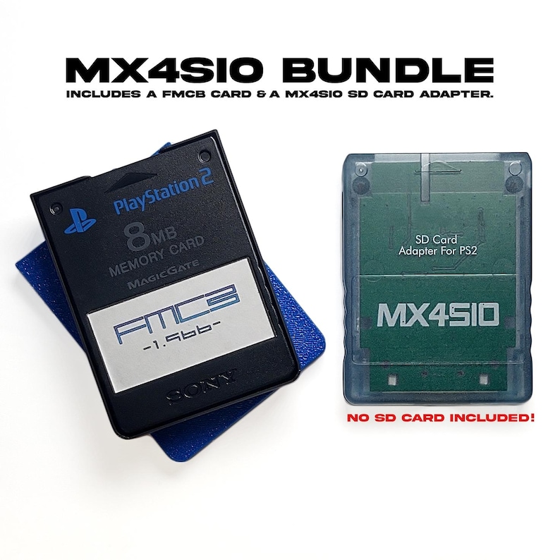 May include: MX4SIO bundle includes a FMCB card and a MX4SIO SD card adapter. The image shows a black PlayStation 2 8MB memory card with the text "FMCB" and a clear SD card adapter with the text "MX4SIO". The text "NO SD CARD INCLUDED!" is also visible.