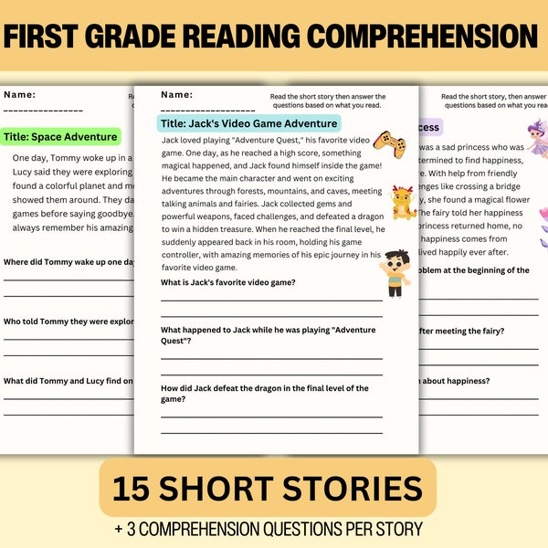First Grade Reading Comprehension Worksheets | 1st Grade Short Stories for Comprehension | 15 Printable Short Stories |for school or at home
