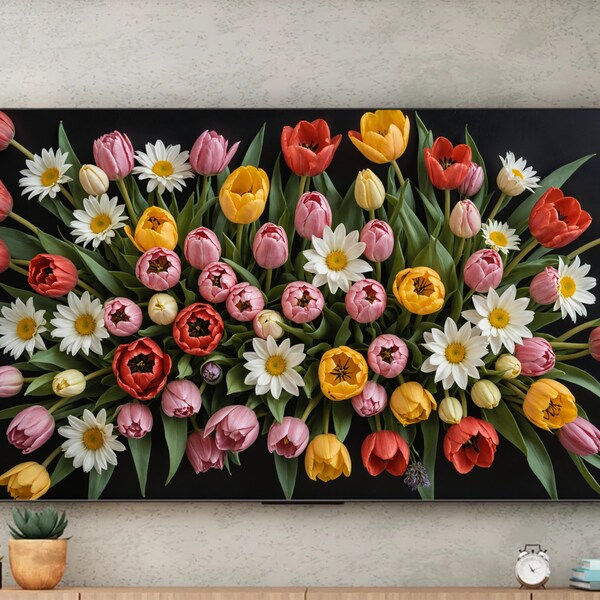 Floral Samsung Frame TV Display - High-Def "Bouquet of Spring" Tulip & Daisy Artwork, Elegant Home Decor, Unique Gift