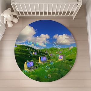 Frutiger Aero/Eco/Metro Round Rug Carpet, y2k decor, weirdcore, cybercore, 2000s online aesthetic, dreamcore, grassy hills computer sky rug