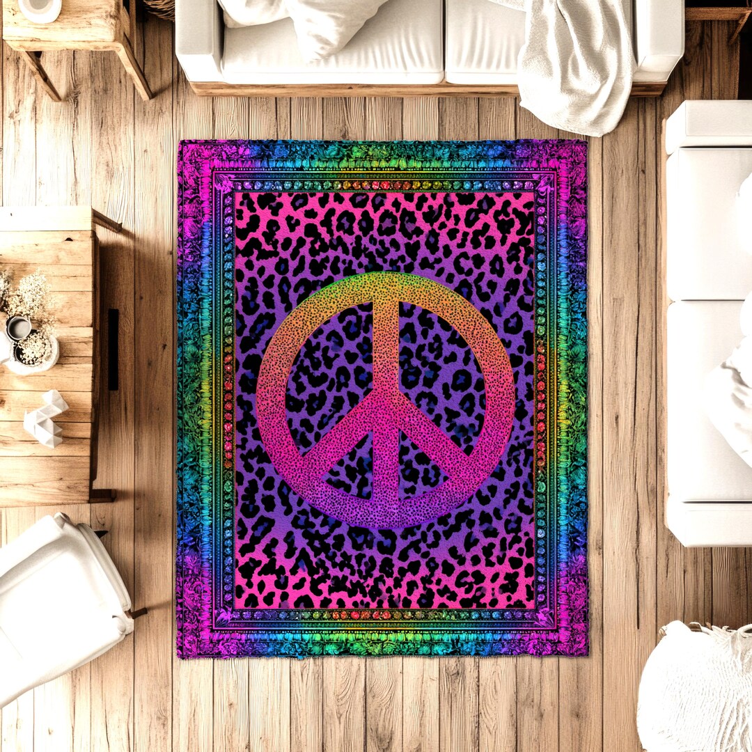 Rainbow Y2k Peace Sign Hippie Leopard Print Rug Decor, 90s Decor, Y2k ...