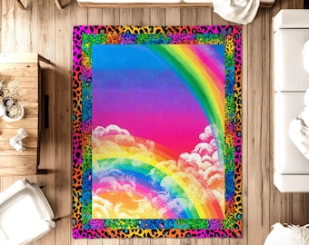 Rainbow y2k Kawaii Cloudy Leopard Print Rug Decor, rainbow decor, y2k aesthetic rug, animal, Nostalgic 2000s Room, Rainbow Gift