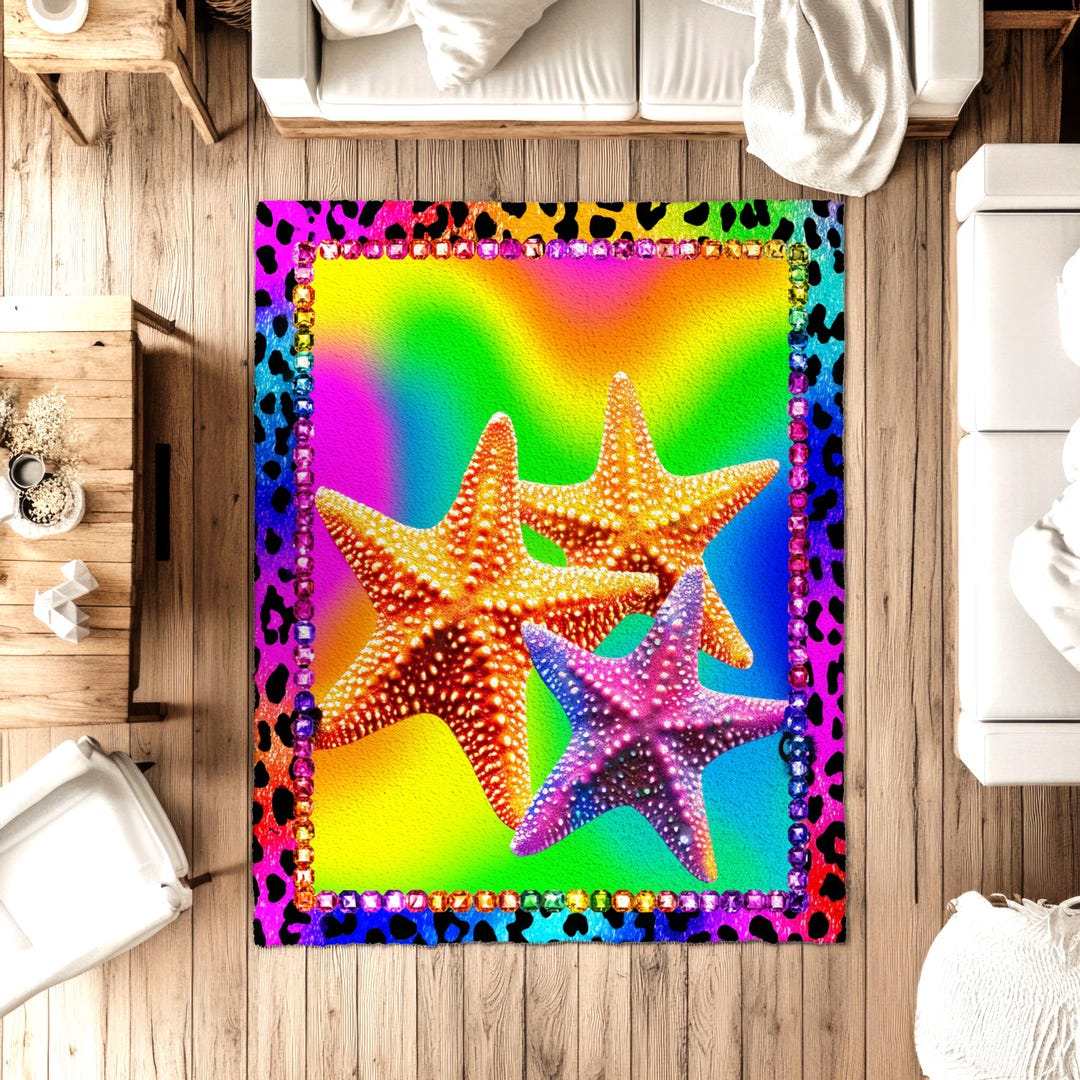 Kid Core Rug Rainbow Kidcore Starfish Y2k Leopard Print Rug Decor, Rainbow Decor ...