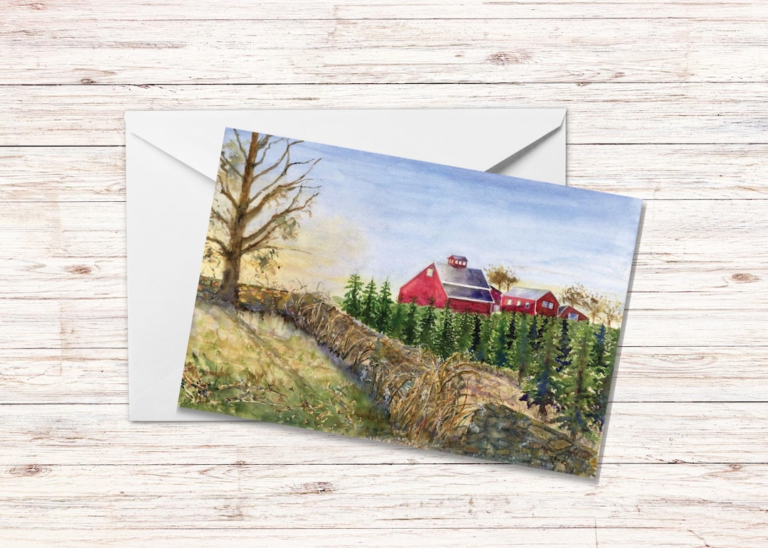 Tree Farm Note Card: Americana Barn Scene, New England Farm at Fall - Etsy