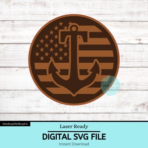 May include: A brown circle with a white and red American flag design and a black anchor in the centre. The anchor is a traditional design with a cross at the top and two arms extending out to the sides.