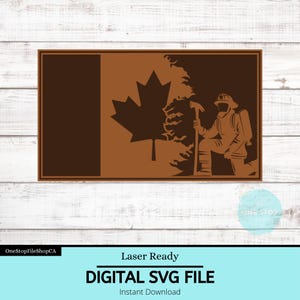 Peut inclure: Un fichier SVG numérique représentant un drapeau canadien avec un pompier tenant une hache devant une forêt. Le design est prêt pour le laser et parfait pour créer un projet de pyrogravure patriotique.
