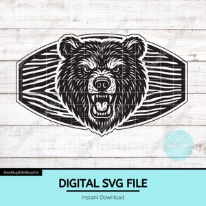 Aggressive Bear Head SVG | Roaring Wildlife Silhouette | Outdoors Wood Grain Texture | Laser Ready Hat Patch File | Rustic Engraving Design