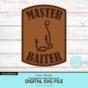 Archivo de parche de cuero para sombrero Master Baiter / Sombreros con parche de cuero / Archivo de sombrero relacionado con la pesca / Descarga instantánea - Archivo SVG / Listo para láser