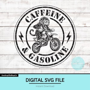 Caffeine & Gasoline SVG | Dirt Bike Hat Patch Design | Leather Patch File | Moto Monkey Graphic | Laser Engraving Ready | Racing Humor