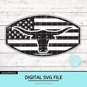 Bandera de Longhorn SVG / Silueta ovalada del oeste de EE. UU. / Emblema patriótico de Texas / Archivo de parche de sombrero listo para láser / Diseño de grabado de vaquero ranchero