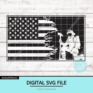 Firefighter on USA Flag SVG | Kneeling Firefighter Patch File | American Flag Firefighter SVG | Firefighter Axe Silhouette | Laser Ready