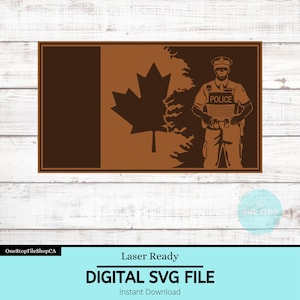 Peut inclure: Un fichier SVG numérique représentant un policier canadien debout devant un drapeau canadien avec une feuille d'érable. L'officier porte un uniforme avec le mot "POLICE" sur la poitrine. Le design est prêt pour le laser.