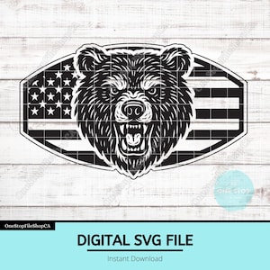 Oso patriótico SVG / Diseño de oso con bandera estadounidense / Archivo de grabado láser / Vector de parche de sombrero de cuero / Emblema de vida silvestre de EE. UU. / Naturaleza al aire libre