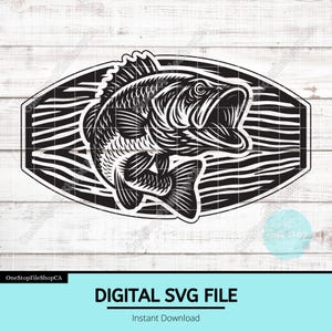 Bass Fishing SVG | Largemouth Bass Silhouette | Wood Grain Texture | Laser Ready Hat Patch File | Outdoors Engraving Design for Fishermen