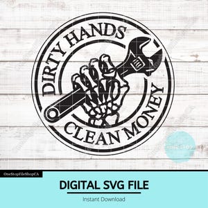SVG "Mãos Sujas, Dinheiro Limpo" | Emblema de Esqueleto com Chave Inglesa de Mecânico | Design de Emblema para Profissionais | Arquivo para Patch de Boné Pronto para Laser | Arte para Gravação em Oficina