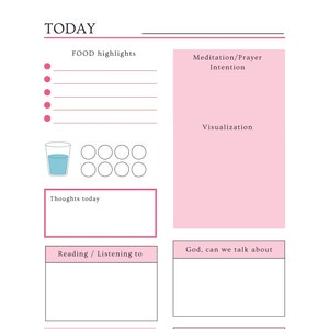 Puede incluir: Un planificador diario imprimible con secciones para los aspectos más destacados de la comida, la intención de meditación/oración, la visualización, los pensamientos, la lectura/escucha, Dios, ¿podemos hablar de, y quién quiero ser?