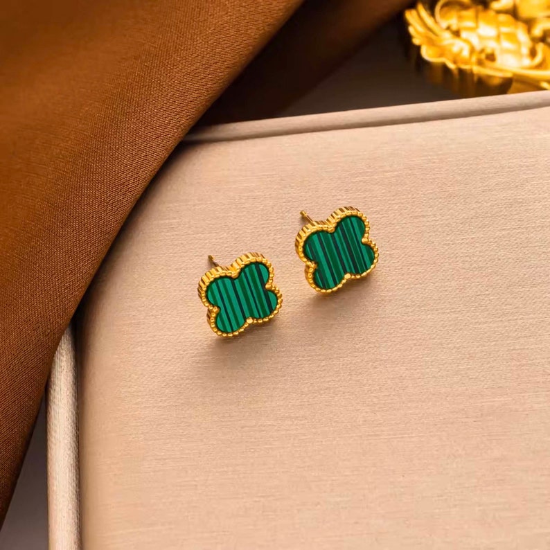 Clover Studs 18K Gold Plated Stainless Steel Perfect Gift Women's Jewellery Earrings Fashion Jewellery Green & Gold