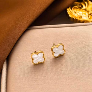 Clover Studs 18K Gold Plated Stainless Steel Perfect Gift Women's Jewellery Earrings Fashion Jewellery White & Gold