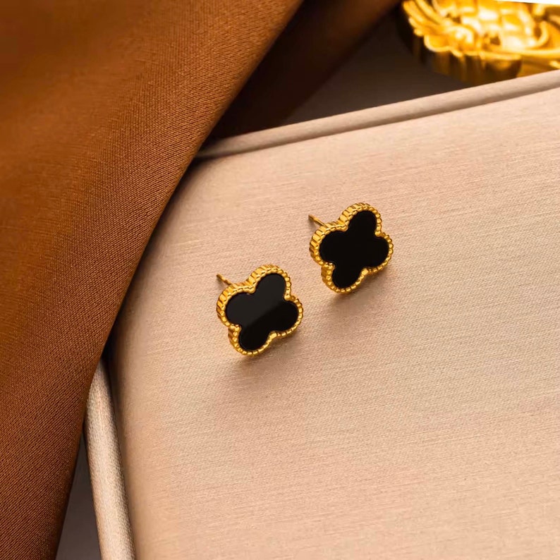 Clover Studs 18K Gold Plated Stainless Steel Perfect Gift Women's Jewellery Earrings Fashion Jewellery Black & Gold