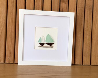 Handmade Sea Glass Sailboat Art - Coastal Home Decor - 8x8 White Framed Nautical Artwork