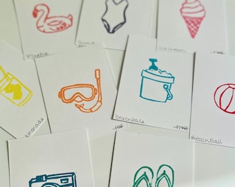 Hand Stamped "Beach Things" Block Prints | 3x4 Original Art | Nautical Mini Prints | Coastal Summer Themed Mini Prints