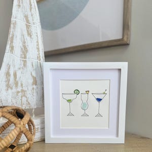 Sea Glass Cocktail Art – Framed 8x8 Handmade Art – Bar Cart Decor, Bar Nook Artwork, Unique Hostess Gift