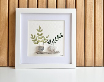 Botanical Watercolor Art with Sea Glass  – 8x8 Framed, Boho Chic Home Wall Decor