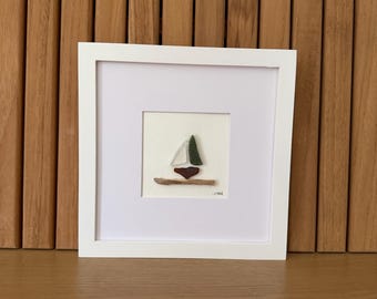 Handmade Sea Glass Sailboat Art - Coastal Home Decor - 8x8 White Framed Nautical Artwork