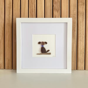 Sea Glass Dog Art – Framed 8x8 Pet Lover Gift | Brown Sea Glass Puppy with Faux Driftwood | Dog Wall Decor | Coastal Dog Mom Gift