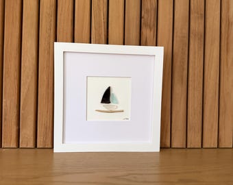 Handmade Sea Glass Sailboat Art - Coastal Home Decor - 8x8 White Framed Nautical Artwork