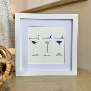 Sea Glass Cocktail Art – Framed 8x8 Handmade Art – Bar Cart Decor, Bar Nook Artwork, Unique Hostess Gift