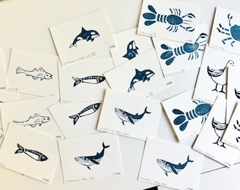 Coastal Mini Block Prints | Hand Carved Linocut "Beach Creatures" Prints | Whale Lobster Fish Crab Seagull Art | Handmade Nautical Decor